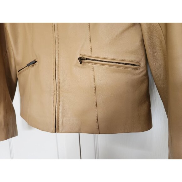 Prague Tan Leather Jacket, Size M, Zip up, Zipper Pockets, Lightweight Spring - Picture 4 of 7